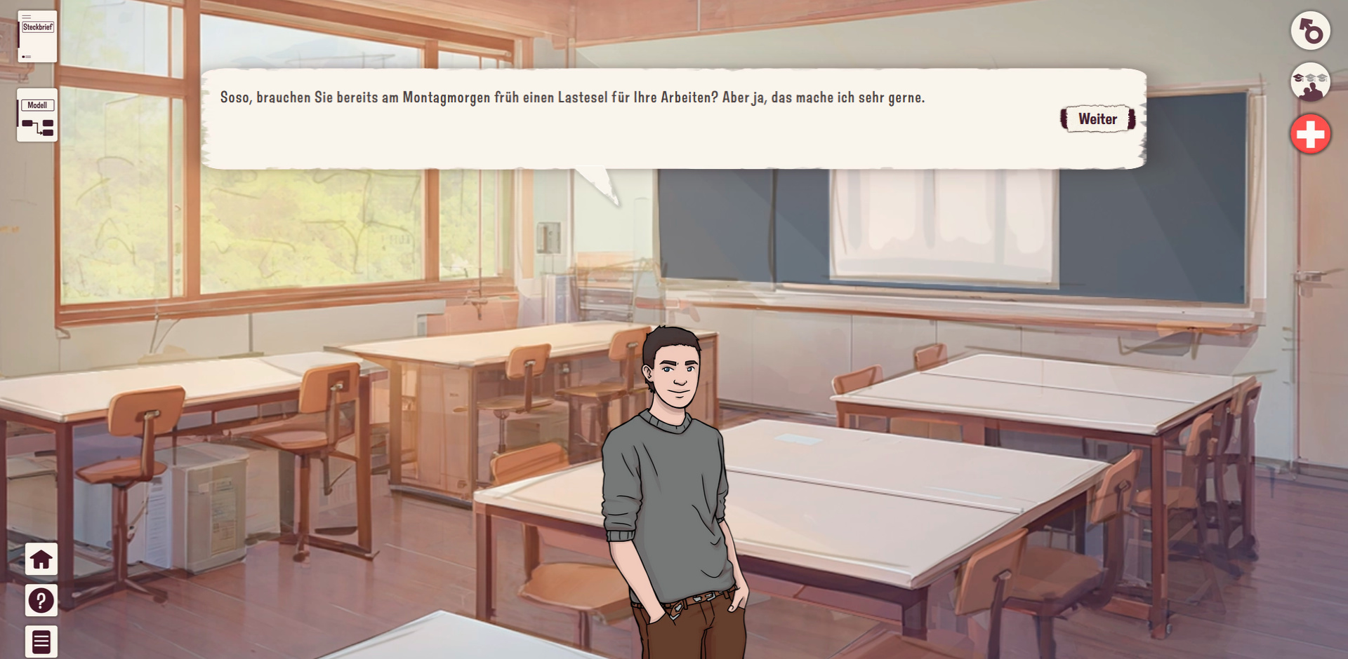 Aufgabenverteilung im Unterricht. Konversation mit einem Schüler im Spiel.