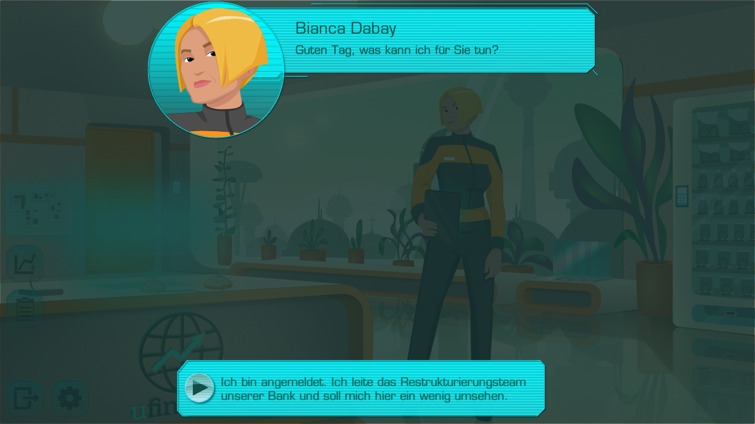 Dialogoptionen. Spreche mit den verschiedenen Angestellten.